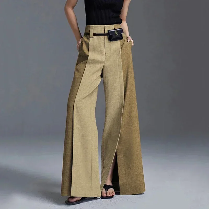 Gymystars Khaki Wide Leg Trousers Women Retro Straight Pants New Fashion High Waist Split-Front Loose Pocket Streetwear Commute