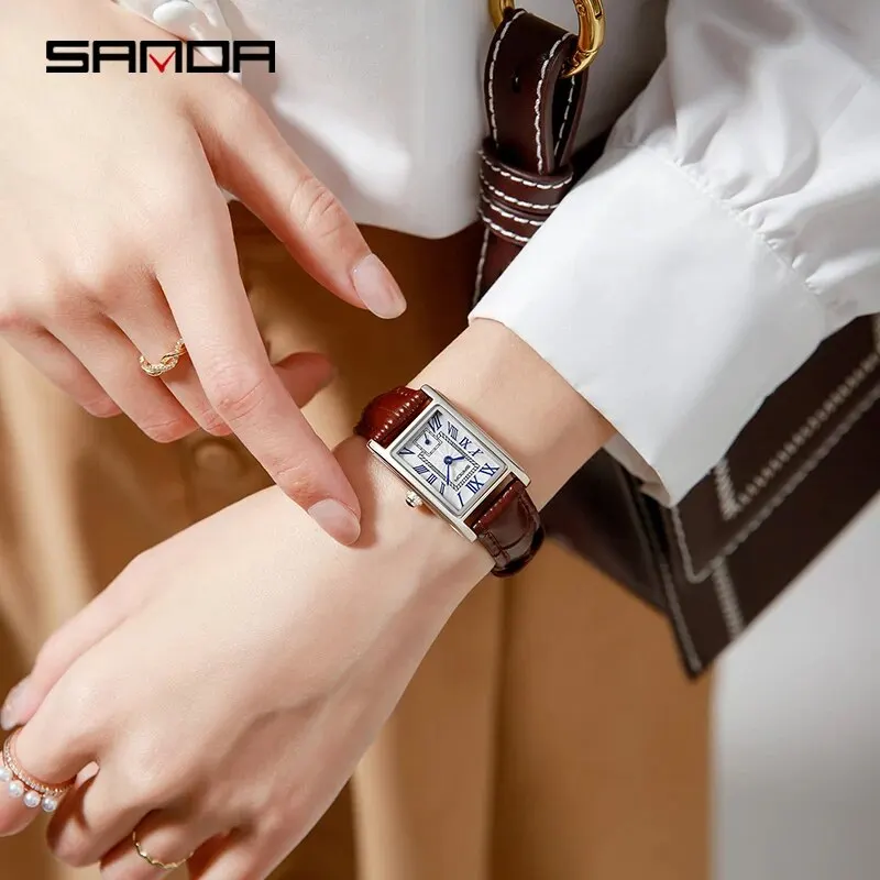 SANDA 1116 New Fashion 2024 Elegant Design Rectangle Dial Water Resistant Quartz Movement Business Women Analog Wrist Watch