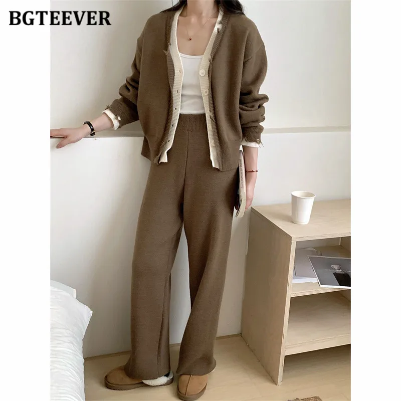 BGTEEVER Weibliche Gestrickte Trainingsanzüge V-ausschnitt einreiher Strickjacken Pullover Frauen Pullover Hosen Damen Stricken Set