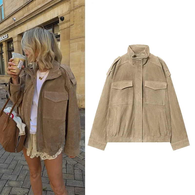 

Women Suede Leather Jacket Autumn Fashion High Collar Long Sleeve Jacket With Zipper Pocket Lady Coats Causal Female Chic Tops