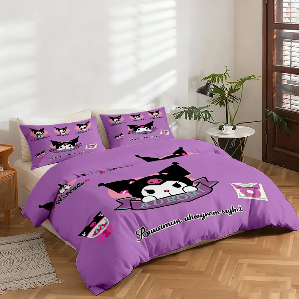 3-Piece High-Definition Digital Print Bedding Set, Large Floral Pattern Quilt Cover Set with Kuromi Print, Includes 1 Quilt Cover + 2 Pillowcases, Suitable for Bedroom, Guest Room, Home Decoration, Polyester Fiber Quilt Cover + Pillowcase, Ultra-Soft Bedding, Thick Fabric, Suitable for All Seasons, Machine Washable view 2