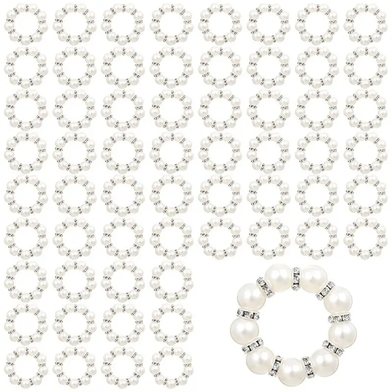 CQMF-60Pcs Pearl Napkin Rings Imitation Pearl Beaded Rhinestone Napkin Ring Holder Napkin Rings Serviette Napkin Rings