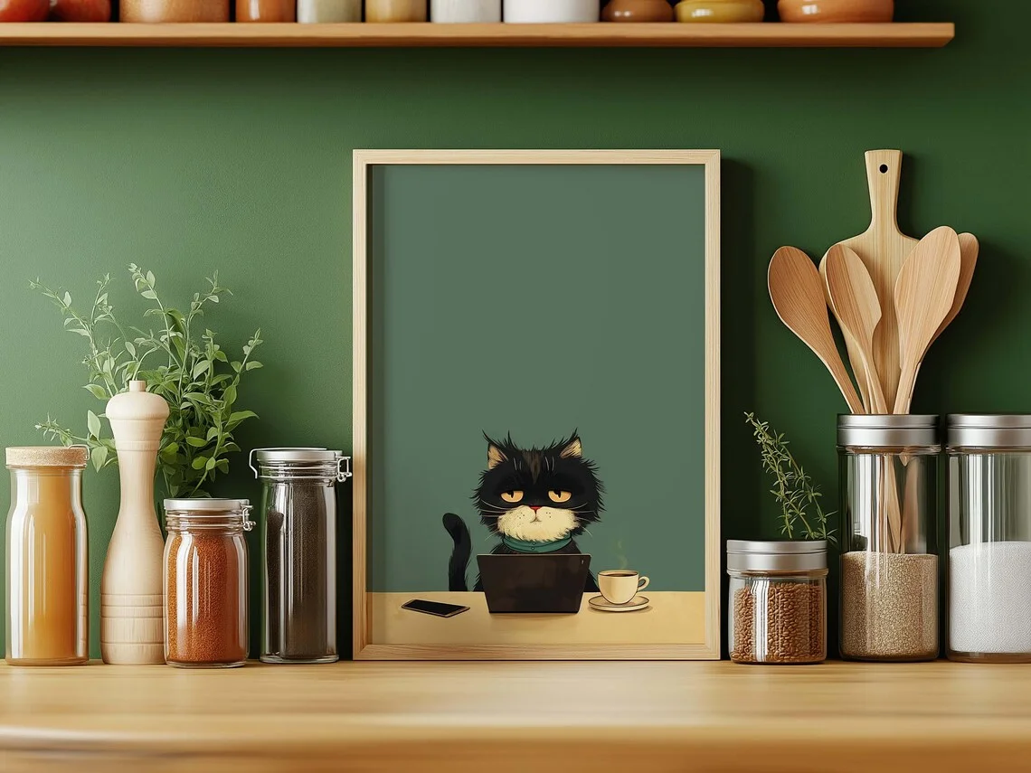 “Whimsical Grumpy Black Cat Wall Art: Cute Feline Working from Home with Laptop & Coffee – Retro-Styled Office/Living Room Decor view 5