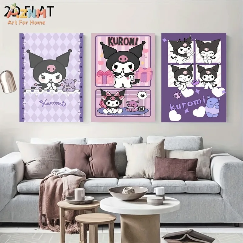 AZNM Unframed Canvas Wall Art Kuromi Diamond Lattice Gift Box Four Grid Cute Sanrio Poster Purple Pink Cartoon Girls Bedroom