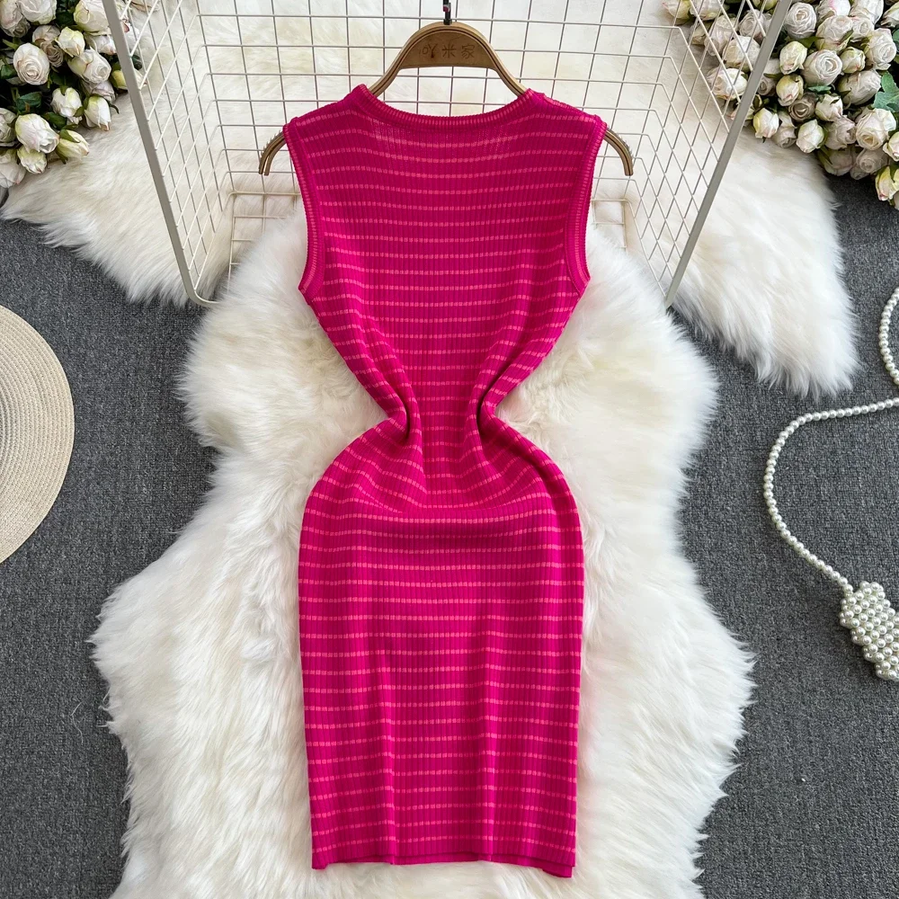 Lady Stripes Knitted Bodycon Tank Office Dress Summer Slim Elastic Sexy Package Hips Party Dress Women Outfits Vestidos