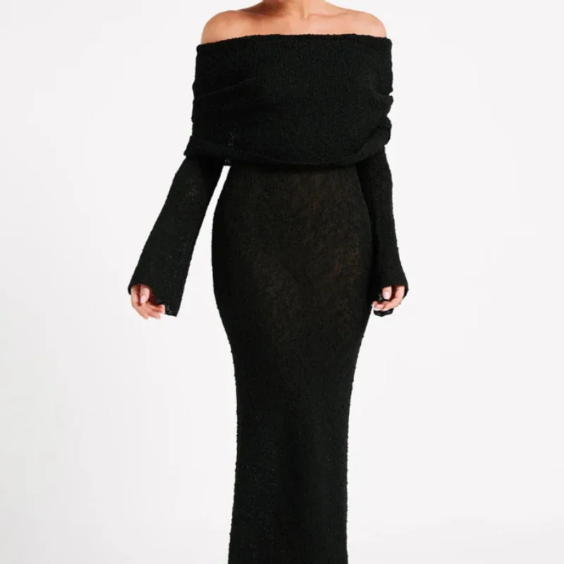 Elegant Women Off Shoulder Long Sleeve Knit Maxi Dress Slim Fit Hollow Out Sexy Bodycon Knitted Long Dress Party Evening Outfit