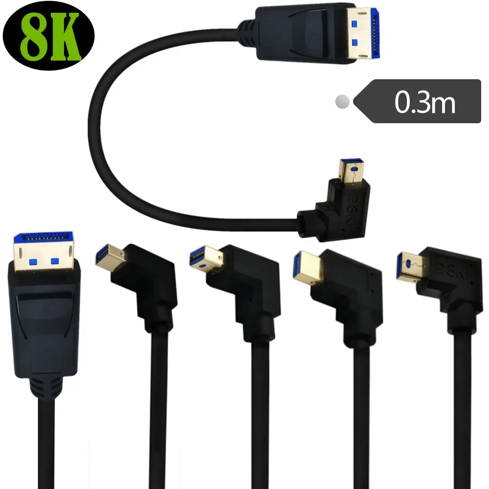 كابل Displayport 1.4 8K @ 60 هرتز منفذ عرض صغير الزاوية اليمنى ذكر إلى DP ذكر نقل ثنائي الاتجاه 1 قدم 0.3 متر