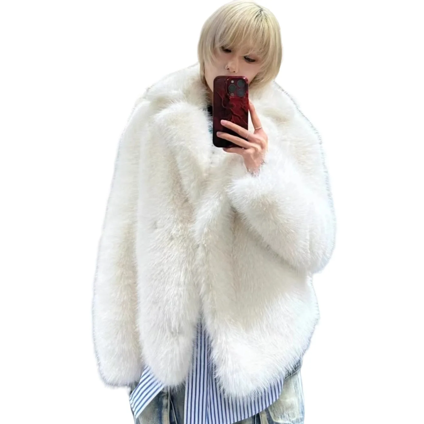 سميكة الإناث صديقة للبيئة الفراء أبلى الأبيض الشتاء النساء معطف الفرو الاصطناعي المتضخم رقيق التلبيب طوق سيدة فو الفراء سترة فضفاضة #5