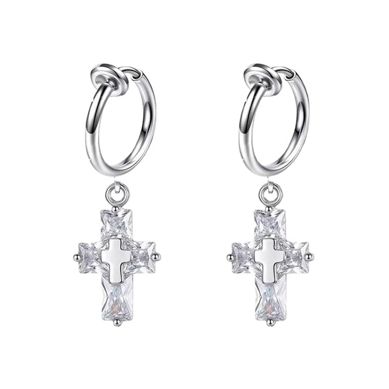 Hip Hop Punk Rhinestone Cross Titanium Steel Fashion Ear Clip Personality Chain Earring Ear clip For Women Men Girls Jewelry Ins