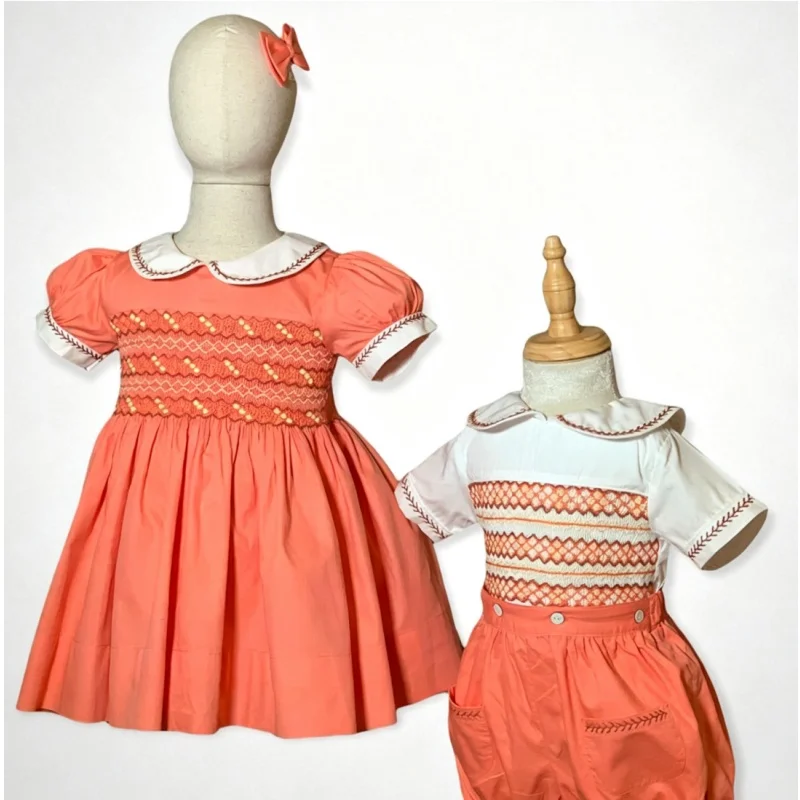 Kids Sibling Matching Clothes Hand Smocked Orange Girl Dress Boy Outfit Suit for Birthday Wedding Party Photography A447