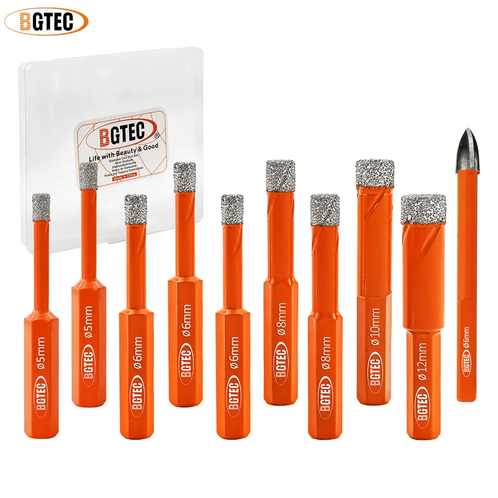 BGTEC Drill Bit Kit Hex Shank Dry Drill+Triangle Shank Cross Carbide Drill Bit With Box Ceramie Tile Granite Marble Porcelain