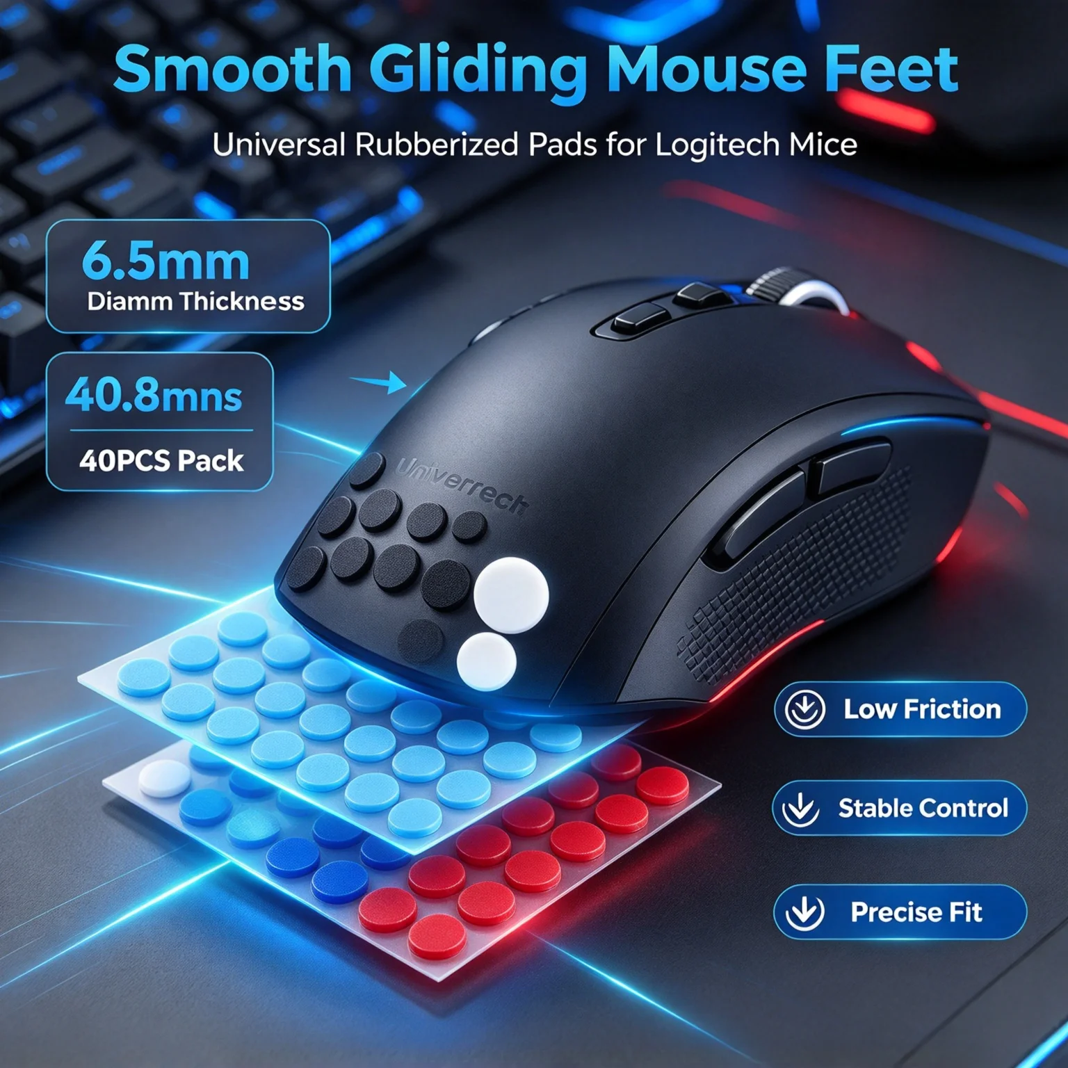 40PCS 6.5mm Diameter 0.8mm Thickness Small Dots Universal Mouse Skates For Logitech Rubberized Mouse Foot Glide Feet Sticker