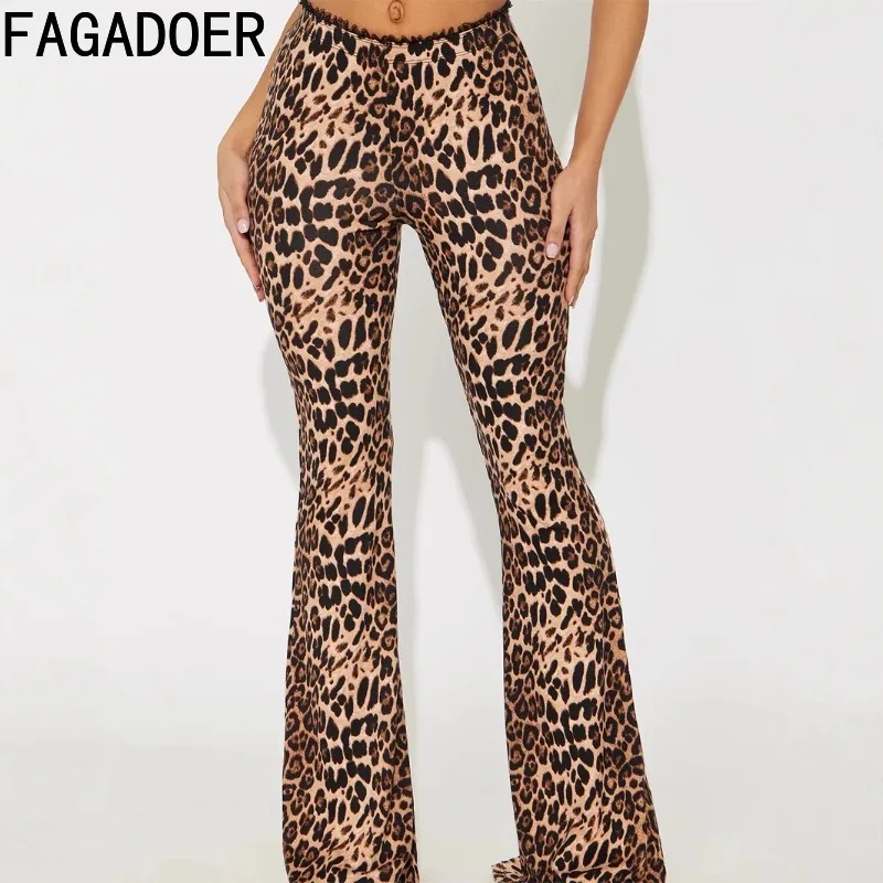 FAGADOER Y2K Sexy Leopard Print Flared Pants Women High Wais lace patchwork Leggings Pants female Party Nightclub bottoms 2025