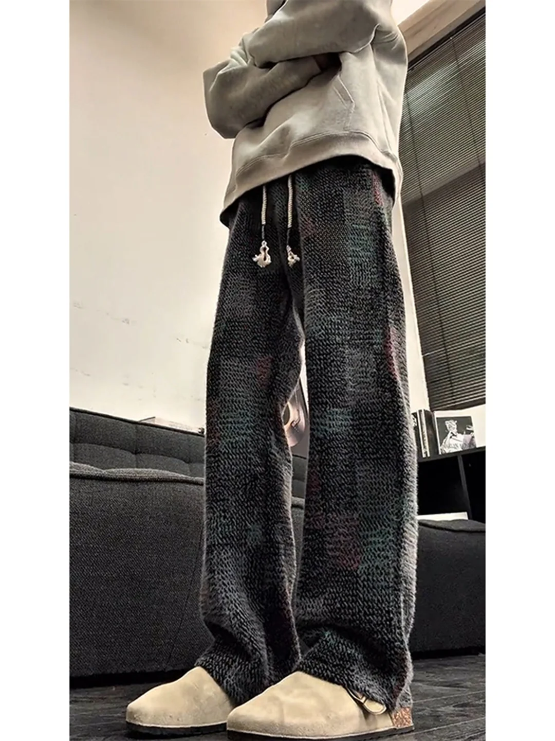 

Мужские зимние брюки из утолщенного вельвета в клетку, свободные, широкие, в американском ретро-стиле, молодежные, прямые, модные