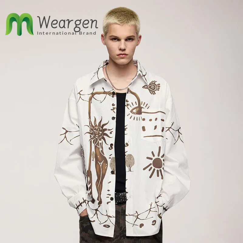 Men Mayan Style Abstract Mural Digital Printed Shirt Autumn and Winter New Street Fashion Long Sleeve 7101W24