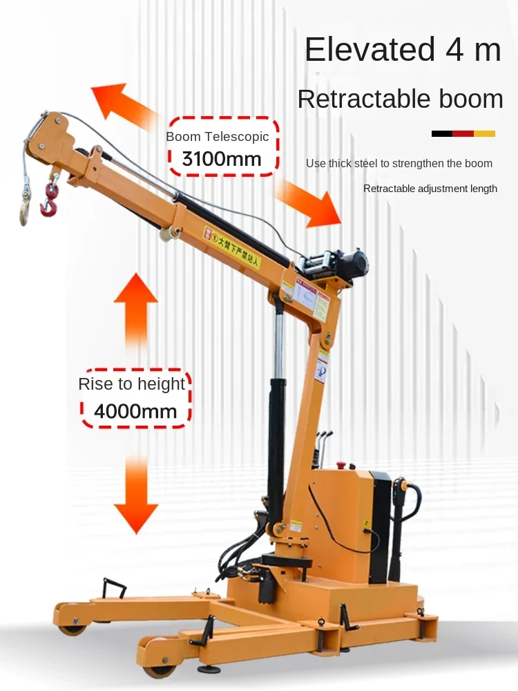 Mały dźwig mobilny, w pełni elektryczny podnośnik 1-2 tony, obsługujący hydrauliczną wciągarkę do podnoszenia, zdalnie sterowany narzędzie obrotowe