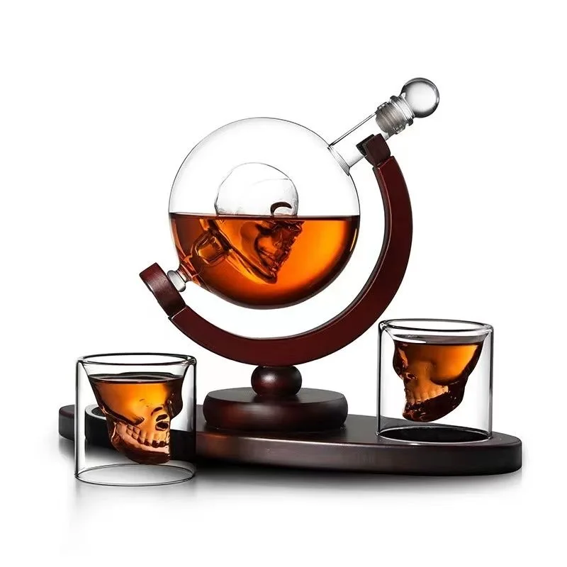 Liquor Decanter for Vodka Skull Whiskey Decanter Glass Cup Wine Glasses Accessories Creative Men Gift Set with Fine Wood Stand