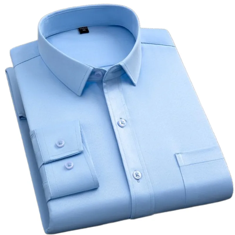Classic Men\'s Business Shirt Long Sleeve Casual Office Wedding Solid Formal Social Soft Comfort Smmoth Fit Navy Man Clothes 4XL