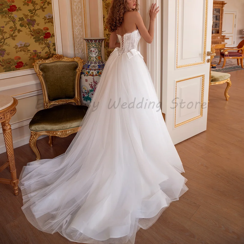 White Strapless Lace Corset Wedding Dress Satin Bow Detail Tulle A Line Bridal Gown Romantic Princess Style