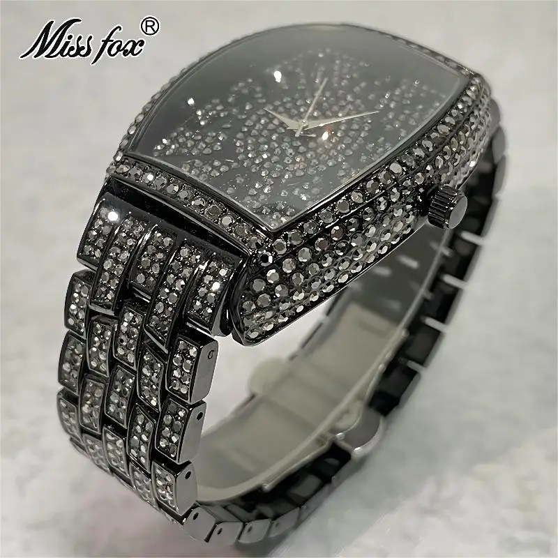 Fashion Cool Black Watches Mens Brand MISSFOX Luxury Tonneau Quartz Clock Hip Hop Iced Diamond Bling Wristwatch Man Dropshipping