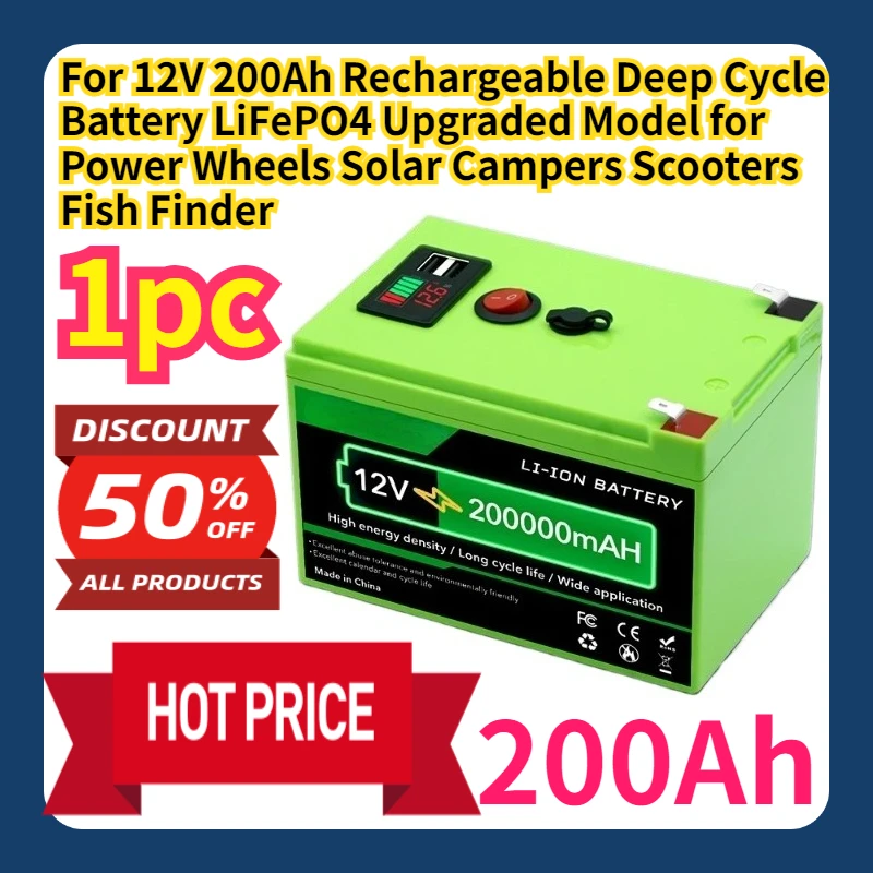 

For 12V 200Ah Rechargeable Deep Cycle Battery LiFePO4 Upgraded Model for Power Wheels Solar Campers Scooters Fish Finder