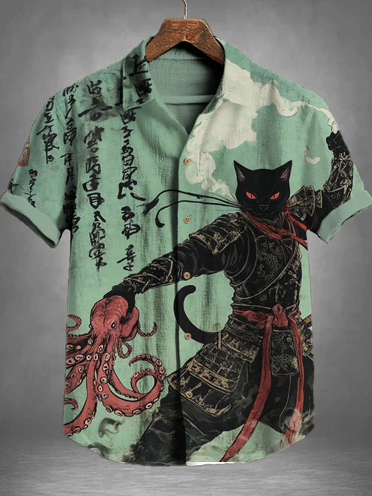ฮาวายผู้ชายแมวกราฟิกเสื้อแขนสั้น Turn-Down เสื้อสําหรับฤดูร้อนขนาดใหญ่เสื้อวันหยุดสบายๆเสื้อผ้า
