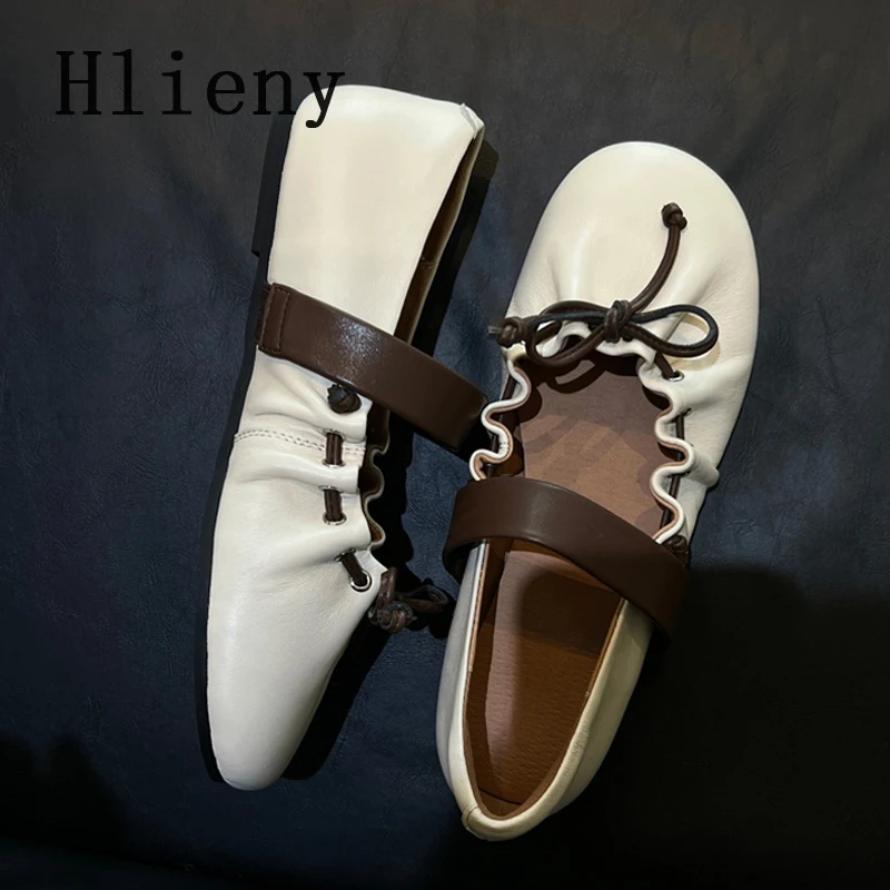 

Hlieny 2026 Spring Loafers Women Shoes Fashion Pleated Leather Mary Jane Flats Runway Drawstring Bow Detail Ruffled Ballet Shoe