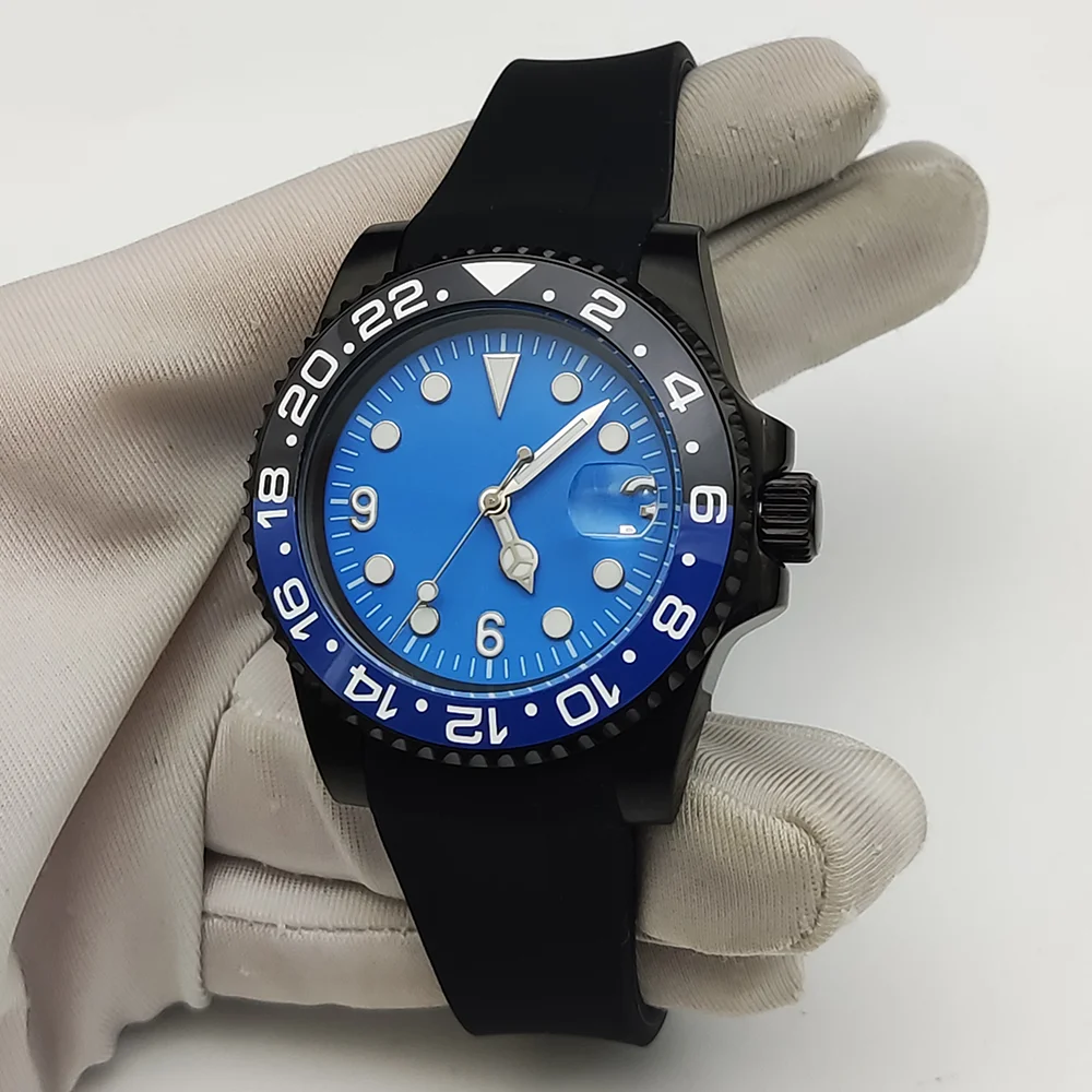 Men's PVD Black Automatic Mechanical Watch NH35 Movement Luminous Blue Sterile Dial Rubber Strap Casual Fashion Watch