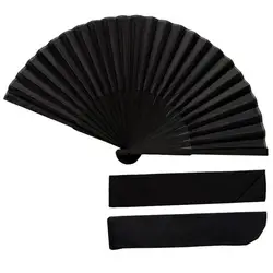 Black Folding Fan with Bag Chinese Style Dance Performance Photo Props Portable Faux Silk Bamboo Hand Held Fan Party