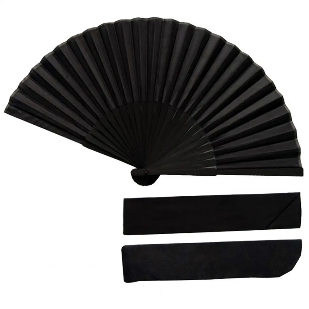 Black Folding Fan with Bag Chinese Style Dance Performance Photo Props Portable Faux Silk Bamboo Hand Held Fan Party