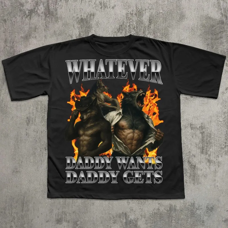 Whatever Daddy Wants Daddy Gets Retro Wolf T-shirt, Brainrot Shirts, Weird Tee, Funny Gift for Husband, Alpha Male Tshirt