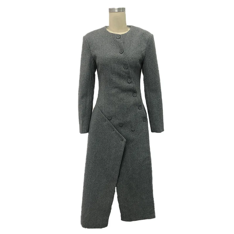 เสื้อโค้ทขนสัตว์ทรงยาวแบบไม่สมมาตร สไตล์เกาหลี สำหรับผู้หญิง แฟชั่นฤดูใบไม้ร่วงและฤดูหนาว คอทรงโอ ดีไซน์ทันสมัย