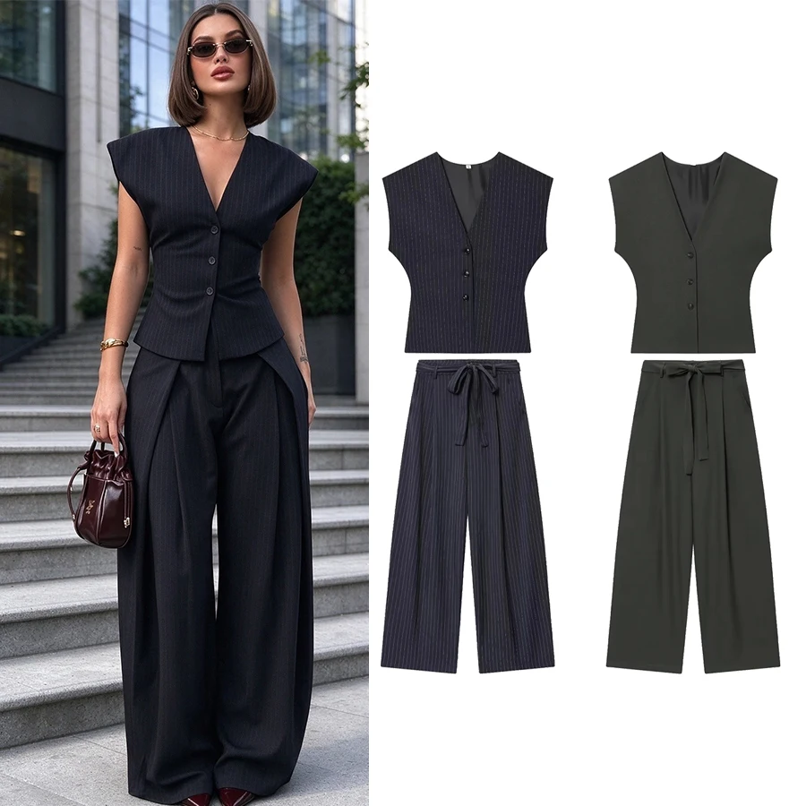 Women Fashion 2-Piece Set Single-breasted Sleeveless V-Neck Pinstripe Vest+Summer Pleated Loose Pocket Belt Zipper Pants