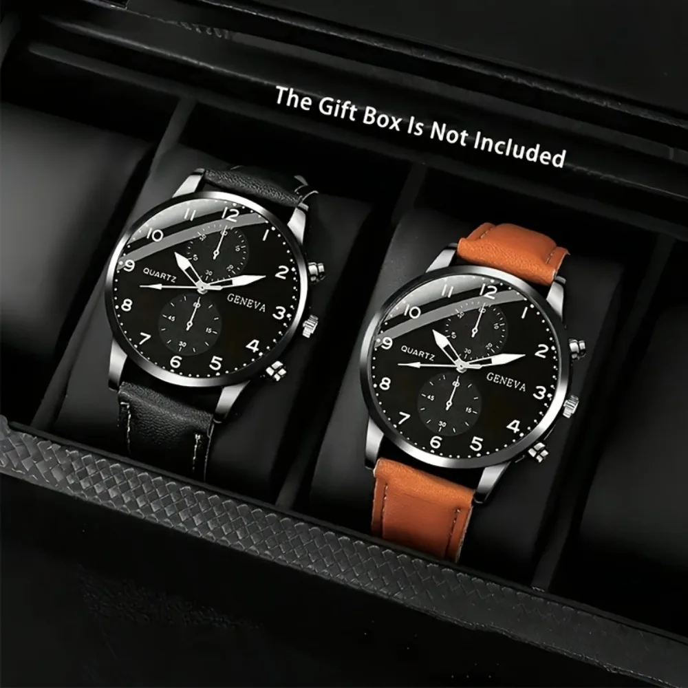 2-Pack - Fashion Men'S Quartz Watch with Zinc Alloy Case And Faux Leather Strap, Electronic Movement, Round Dial Gift for Men