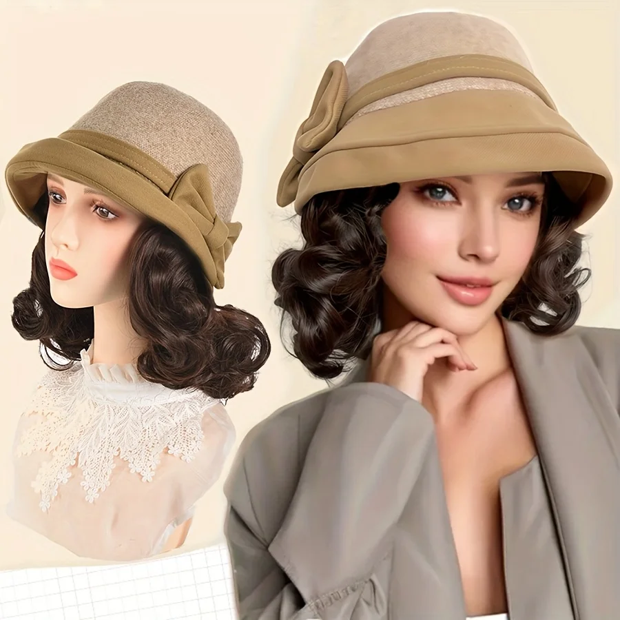 

Warmth Retro Fisherman Hat Wig - Women'S Curly Wave Synthetic Wig, Elegant Vintage Hairstyle for Everyday, Party, Formal Events