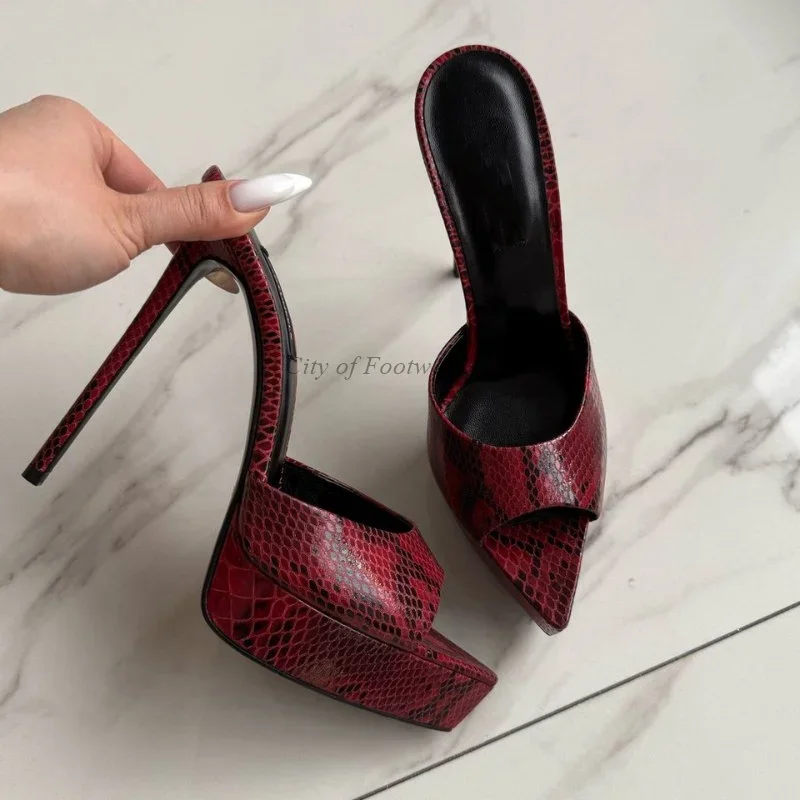 Sexy Snake Print Pointy Toe Platform Slippers Women's Summer New In White/black/nude High Heels Big Size Party Chic Luxury Shoe