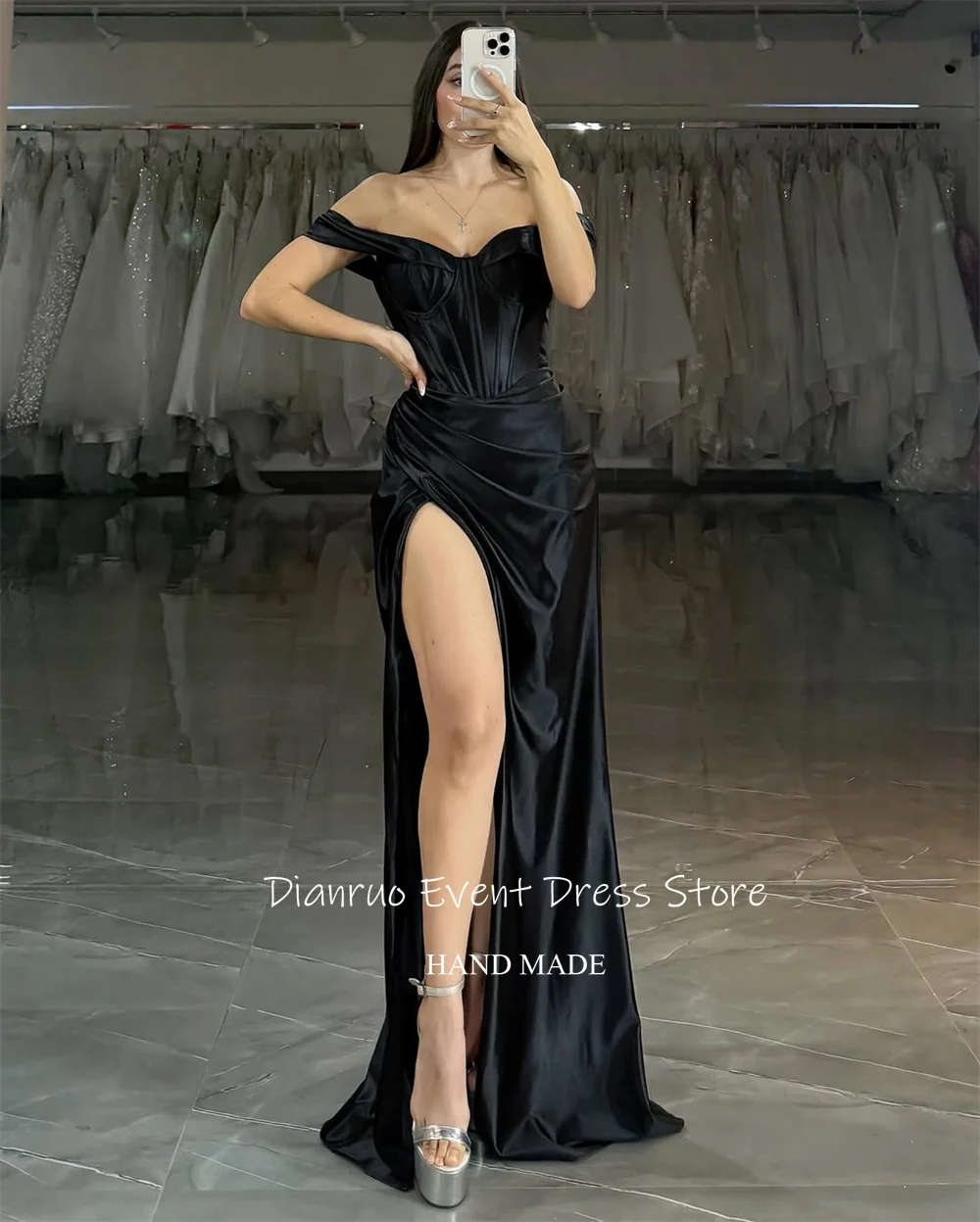 Dianruo 黒恋人イブニングドレスオフショルダーサテンウエディングドレスハイスリットグラマラスアビトセリモニアドナカスタマイズ