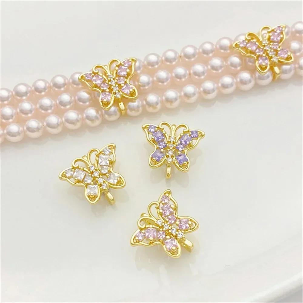 

14K Bag Gold Color Zirconium Butterfly Three-hole Bead Spacer Handmade DIY String Bracelet Necklace Jewelry Material Accessories