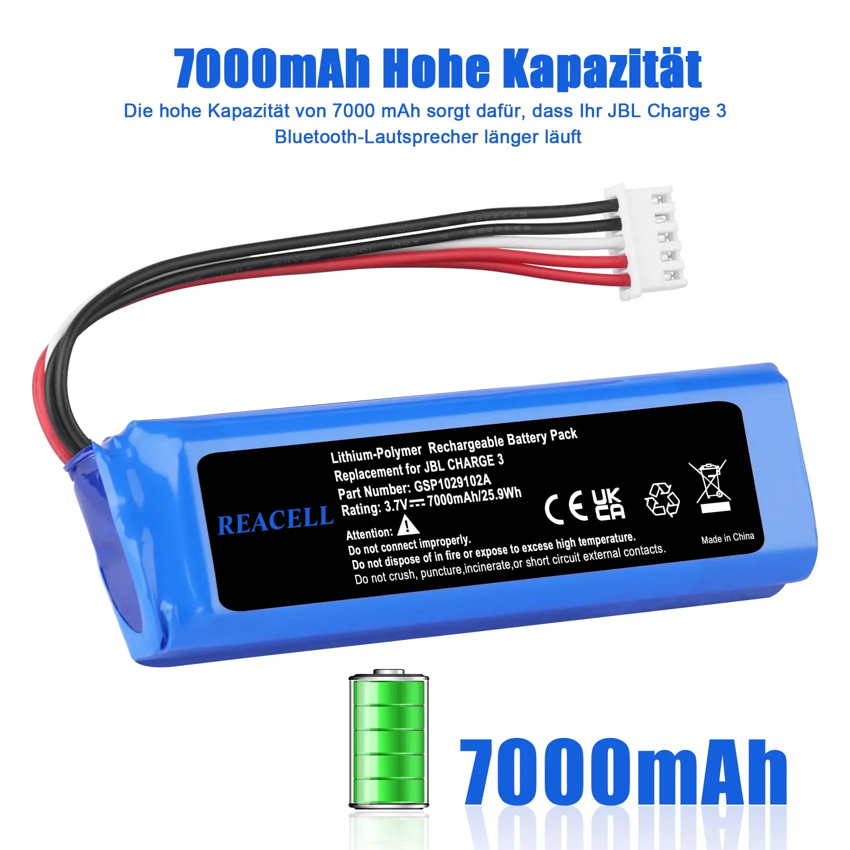 ريسل بطارية 7000 مللي أمبير GSP 1029102 بطارية A لـ JBL Charge 3 3.7 فولت بطارية قابلة للشحن لمكبر صوت بلوتوث JBL Charge 3