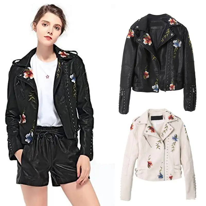 New Spring Autumn Women Biker Leather Jacket Floral Print Embroidery Pu Leather Jacket Turn-down Collar Zipper Jacket