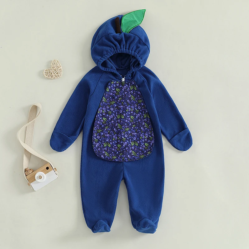 Baby Blueberry Costume Winter Warm Long Sleeve Hooded Romper Cute Halloween Footie Jumpsuit