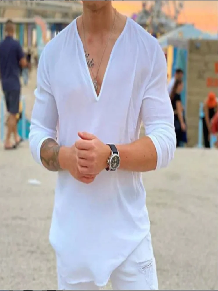 

2023 new youth popular fashion V-neck casual solid color cotton shirt men's solid color pullover top men's wear