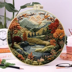Beginners Hand Embroidery Kit - Mountain and Moon Landscape, Mixed Colors, Fabric Included - Perfect Handmade Gift