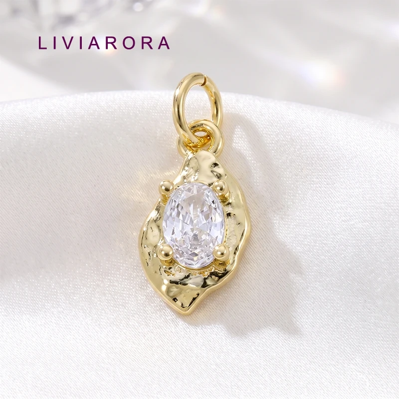 1/2/4Pcs 18K Gold Plated Molten Oval Pendant Brass With Zircon Irregular Hammered Texture Charm For Jewelry Making Accessories