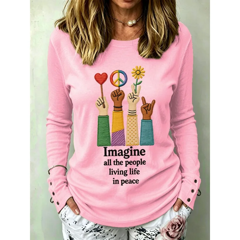 ilstile Women's Hippie Peace Print T-Shirts Autumn Long Sleeve Casual Slim Fit Round Neck Tops Tees Hot Sale