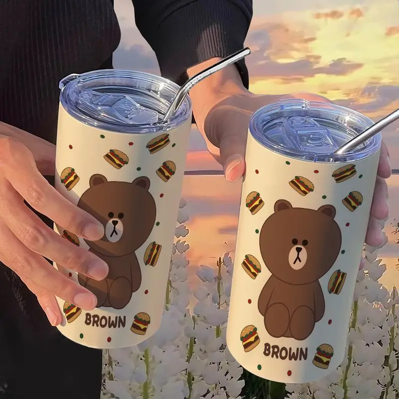 Neuer brauner Cony Anime Cartoon niedlicher Edelstahl-Isolierbecher, kreativer, mädchenhafter, Kawaii-Kaffeebecher mit großem Fassungsvermögen und tragbarem Strohhalm – Detail 2