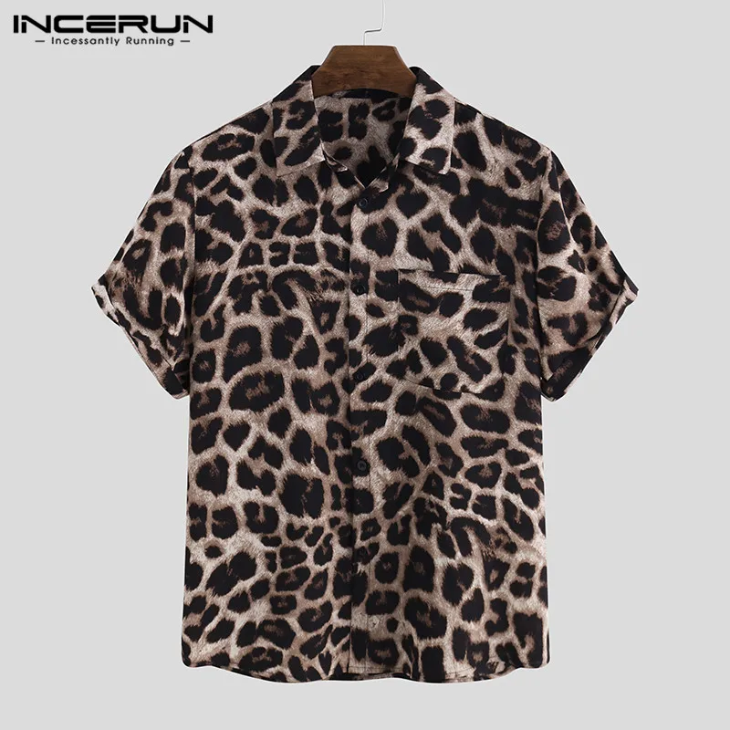 INCERUN 2024 Men Shirt Lapel Short Sleeve Summer Leopard Print Fashion Mens Hawaiian Shirts Streetwear Casual Camisas S-5XL