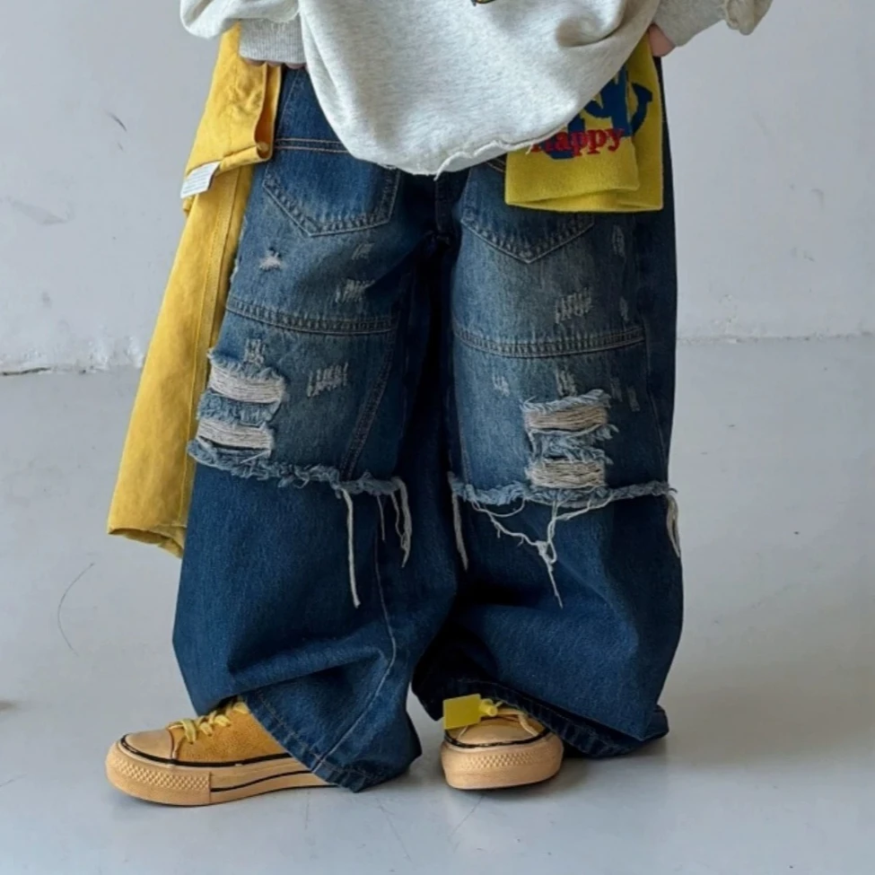 Boys Pants 2026 Spring and Autumn New Children's Wear Boys and Girls Foreign Style American Street Ripped Jeans Simple