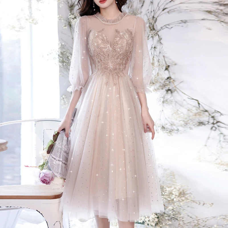 Customized Elegant Temperament O-neck Three Quarter Sleeve Evening Dress Exquisite Flower Sequin Appliques Ceremonial Gown Slim