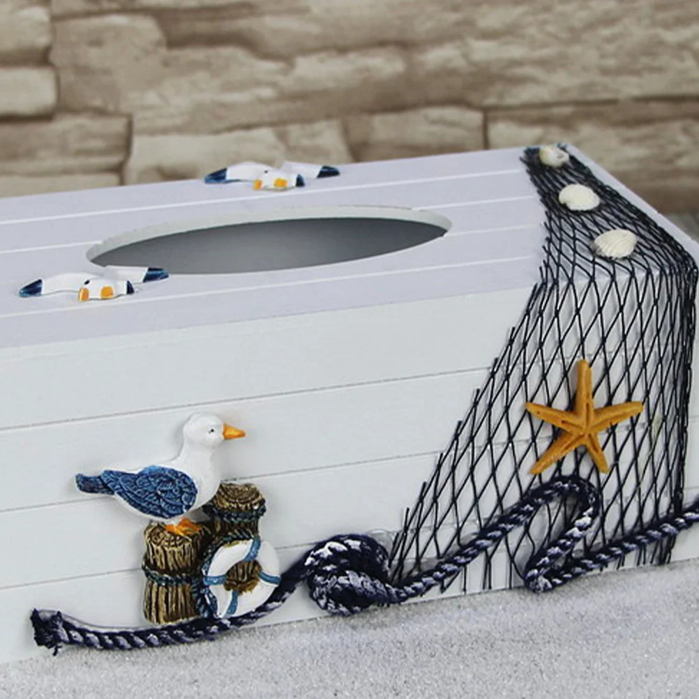 1pc Decorative Tissue Box Wooden Storage For Home Office Desktop Mediterranean Style Seabird Design Tissue Holder Case